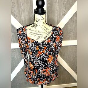Floral Sweetheart Neck Blouse - Black with Orange & White Floral